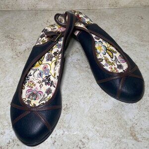 Navy Leather Wedge Slingback Shoes Floral Insole Sz 9 Casual Office Comfort Cozy